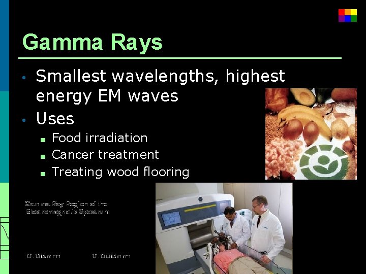 Gamma Rays • • Smallest wavelengths, highest energy EM waves Uses ■ ■ ■