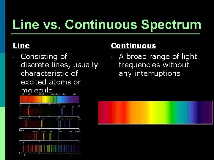 Line vs. Continuous Spectrum Line • Consisting of discrete lines, usually characteristic of excited