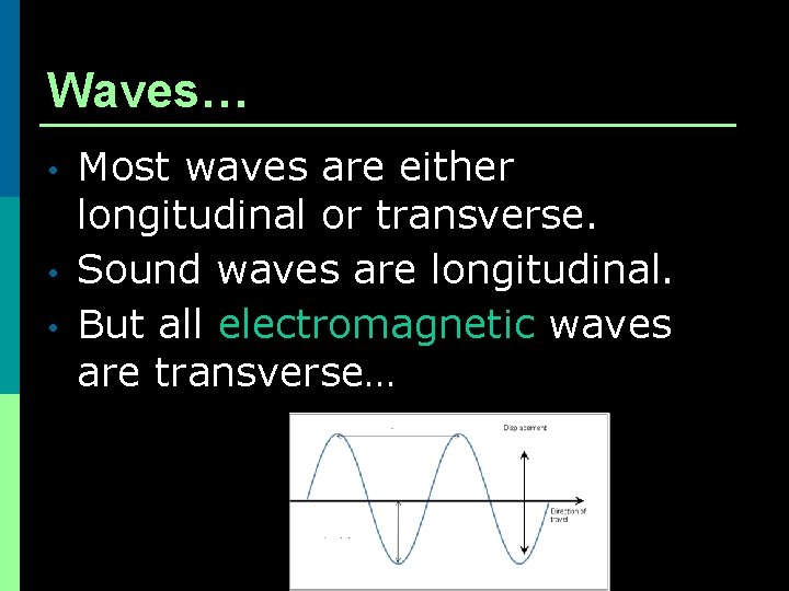 Waves… • • • Most waves are either longitudinal or transverse. Sound waves are