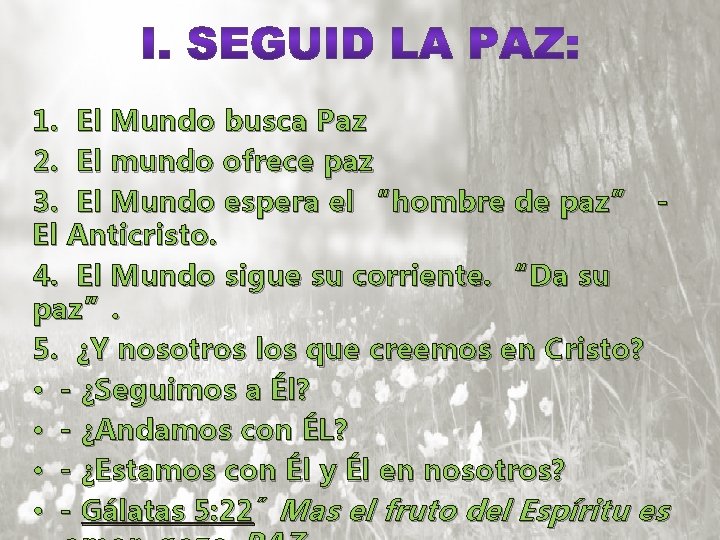 1. El Mundo busca Paz 2. El mundo ofrece paz 3. El Mundo espera