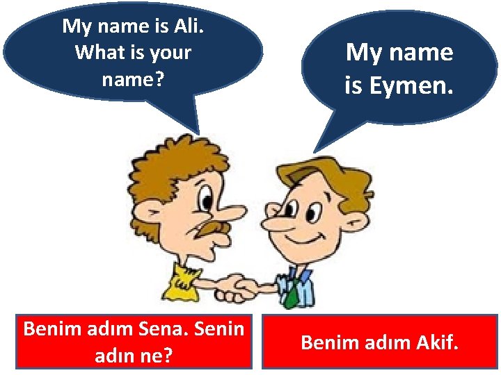 My name is Ali. What is your name? Benim adım Sena. Senin adın ne?