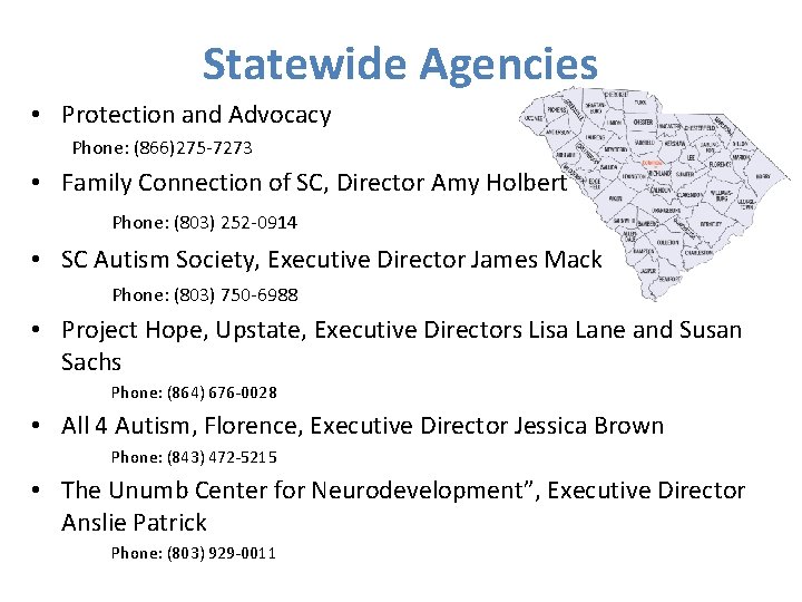 Statewide Agencies • Protection and Advocacy Phone: (866)275 -7273 • Family Connection of SC,
