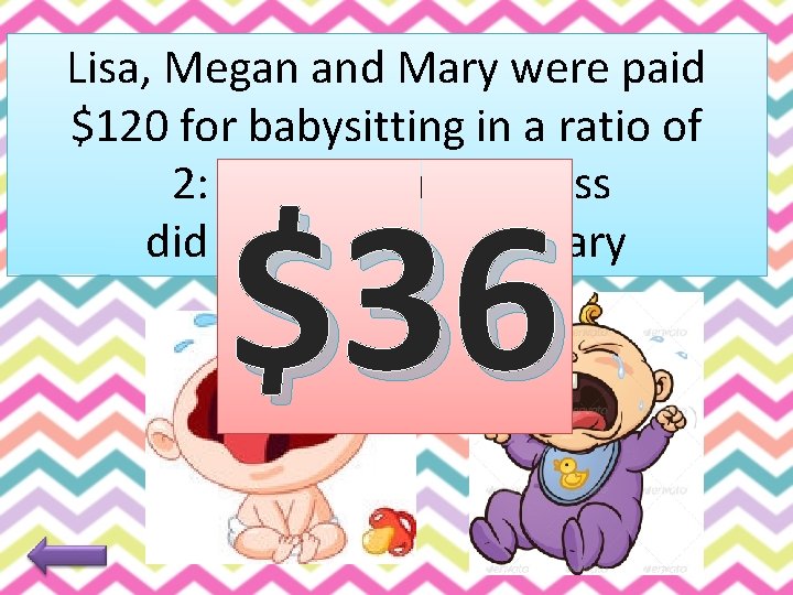 Lisa, Megan and Mary were paid $120 for babysitting in a ratio of 2: