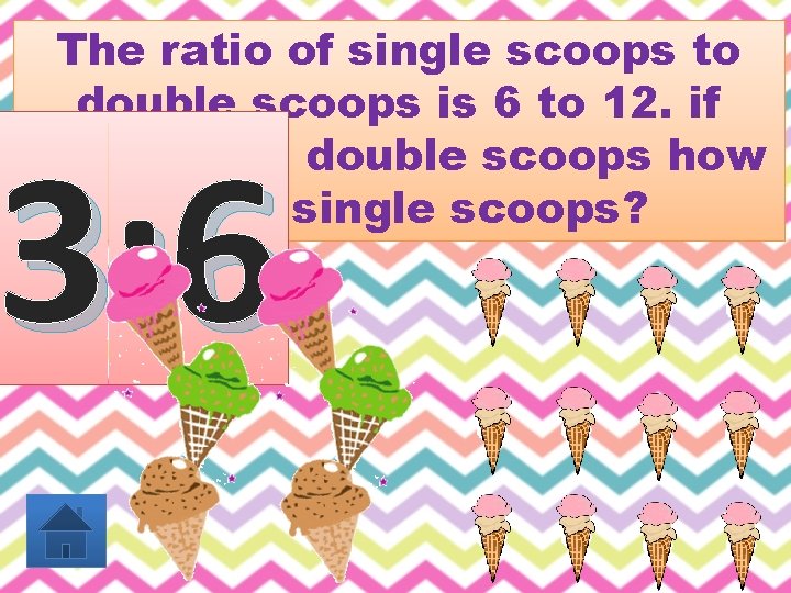 The ratio of single scoops to double scoops is 6 to 12. if there