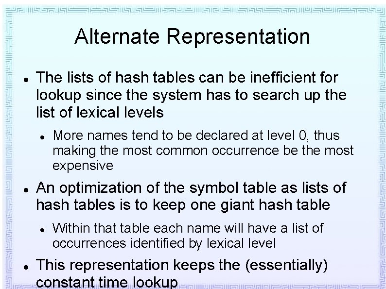 Alternate Representation The lists of hash tables can be inefficient for lookup since the Alternate Representation The lists of hash tables can be inefficient for lookup since the
