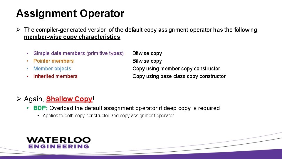 Assignment Operator Ø The compiler-generated version of the default copy assignment operator has the