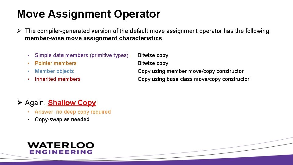 Move Assignment Operator Ø The compiler-generated version of the default move assignment operator has