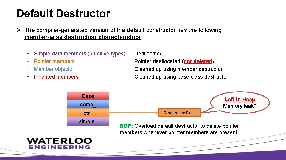 Default Destructor Ø The compiler-generated version of the default constructor has the following member-wise