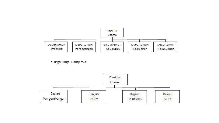Dasar – dasar pendepartemenan ditentukan berdasarkan : • Fungsi-Fungsi Perusahaan • Fungsi-Fungsi Manajemen 