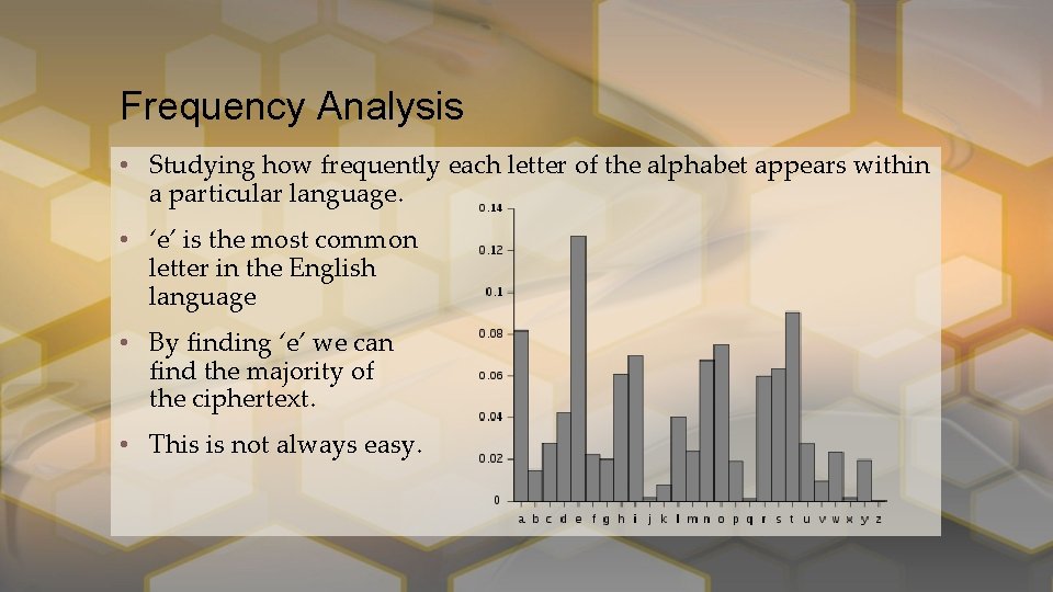 Frequency Analysis • Studying how frequently each letter of the alphabet appears within a