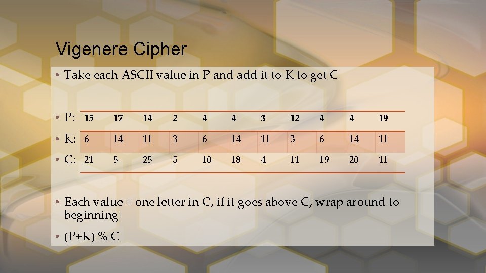 Vigenere Cipher • Take each ASCII value in P and add it to K