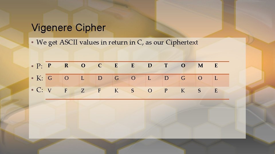 Vigenere Cipher • We get ASCII values in return in C, as our Ciphertext