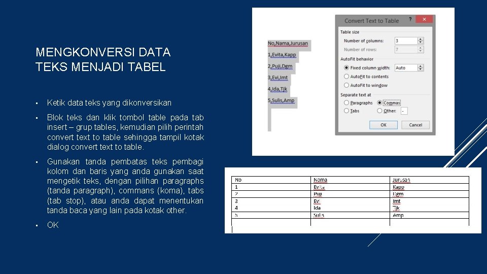 MENGKONVERSI DATA TEKS MENJADI TABEL • Ketik data teks yang dikonversikan • Blok teks