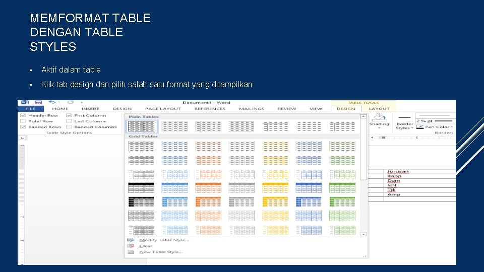 MEMFORMAT TABLE DENGAN TABLE STYLES • Aktif dalam table • Klik tab design dan
