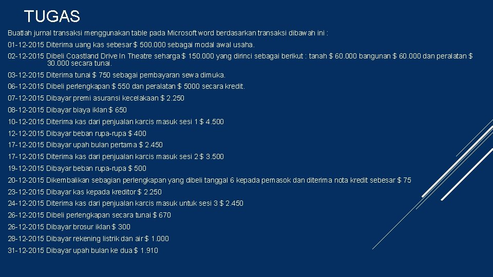 TUGAS Buatlah jurnal transaksi menggunakan table pada Microsoft word berdasarkan transaksi dibawah ini :