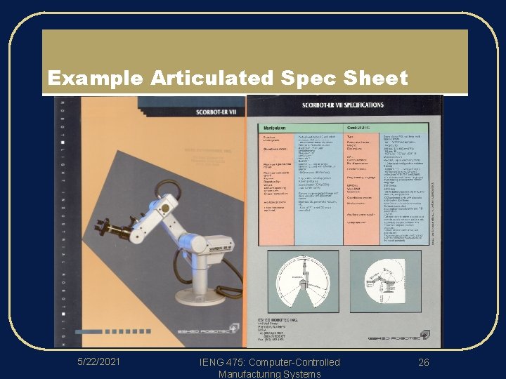 Example Articulated Spec Sheet 5/22/2021 IENG 475: Computer-Controlled Manufacturing Systems 26 