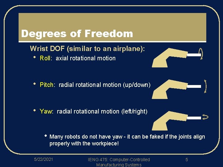 Degrees of Freedom l Wrist DOF (similar to an airplane): • Roll: axial rotational