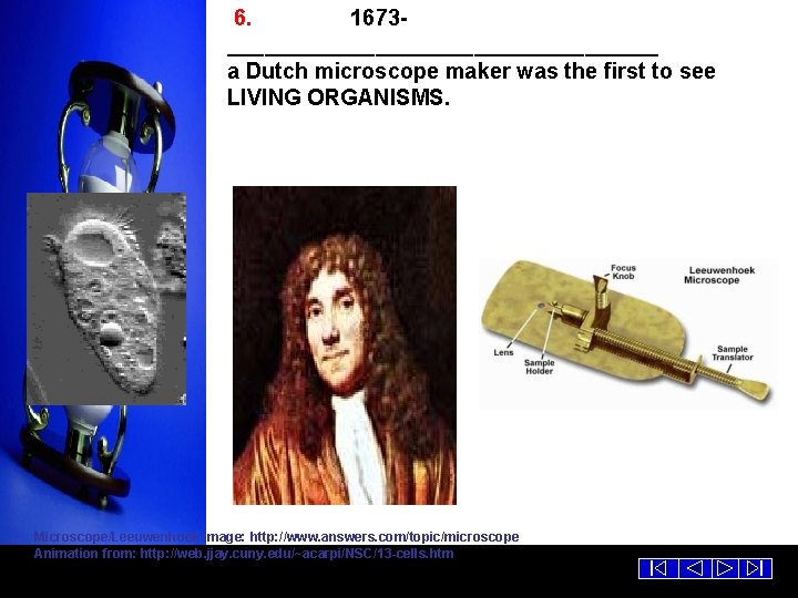 6. 1673__________________ a Dutch microscope maker was the first to see LIVING ORGANISMS. Microscope/Leeuwenhoek