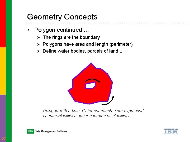 Geometry Concepts § Polygon continued … The rings are the boundary Ø Polygons have