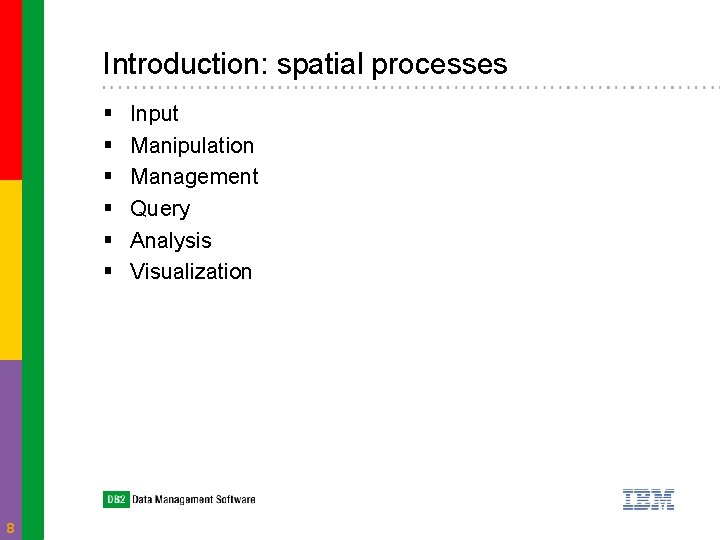 Introduction: spatial processes § § § 8 Input Manipulation Management Query Analysis Visualization 