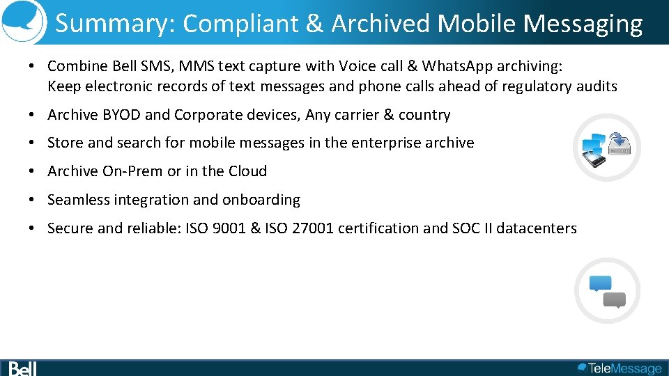 Summary: Compliant & Archived Mobile Messaging • Combine Bell SMS, MMS text capture with