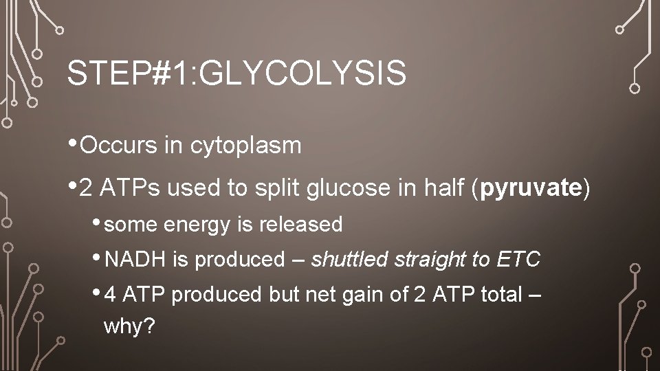 STEP#1: GLYCOLYSIS • Occurs in cytoplasm • 2 ATPs used to split glucose in