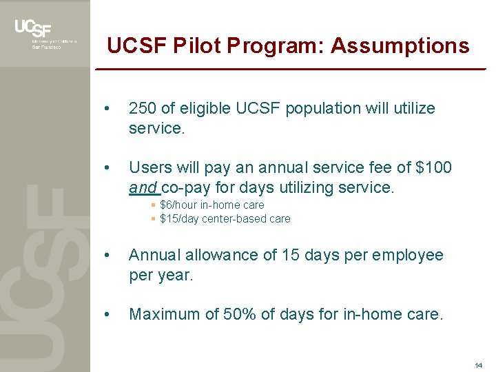 UCSF Pilot Program: Assumptions • 250 of eligible UCSF population will utilize service. •