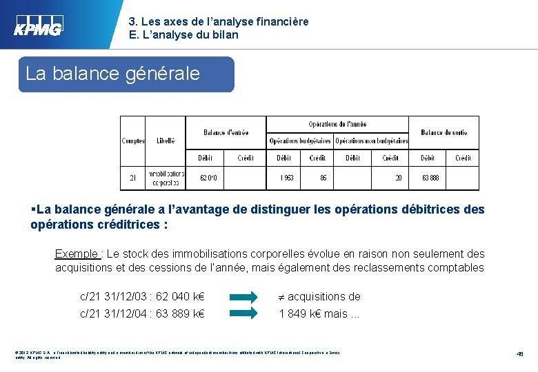 3. Les axes de l’analyse financière E. L’analyse du bilan La balance générale §La