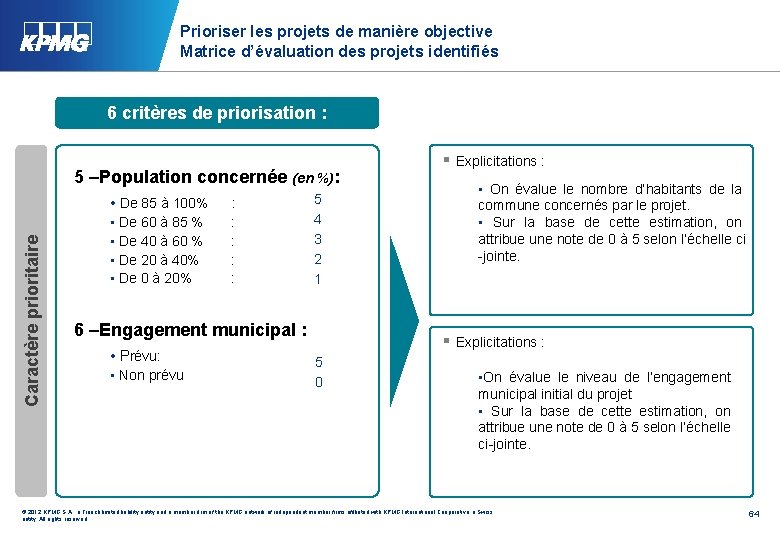 Prioriser les projets de manière objective Matrice d’évaluation des projets identifiés 6 critères de