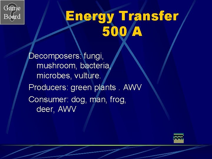 Game Board Energy Transfer 500 A Decomposers: fungi, mushroom, bacteria, microbes, vulture. Producers: green