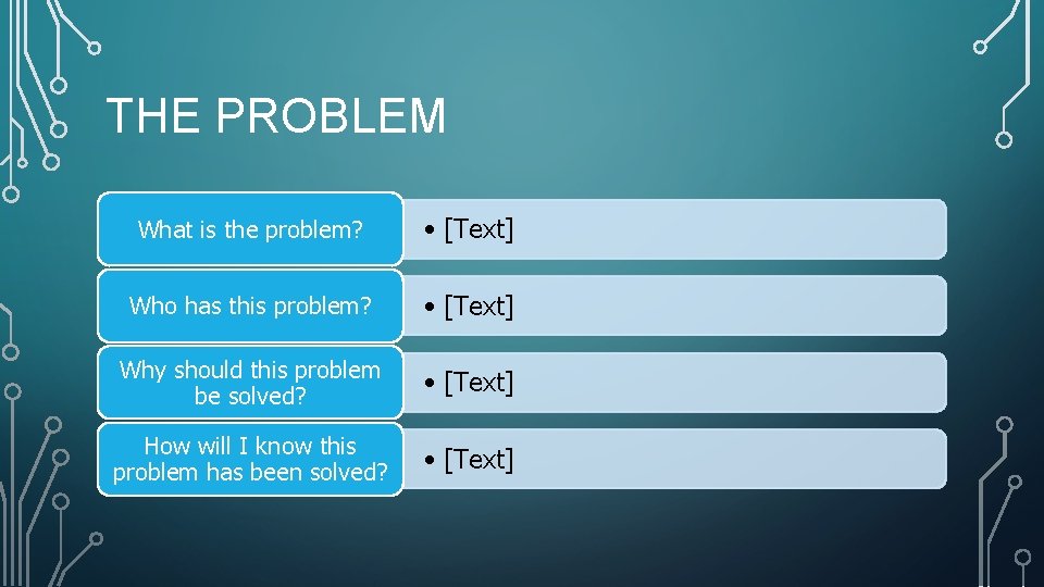 THE PROBLEM What is the problem? • [Text] Who has this problem? • [Text]