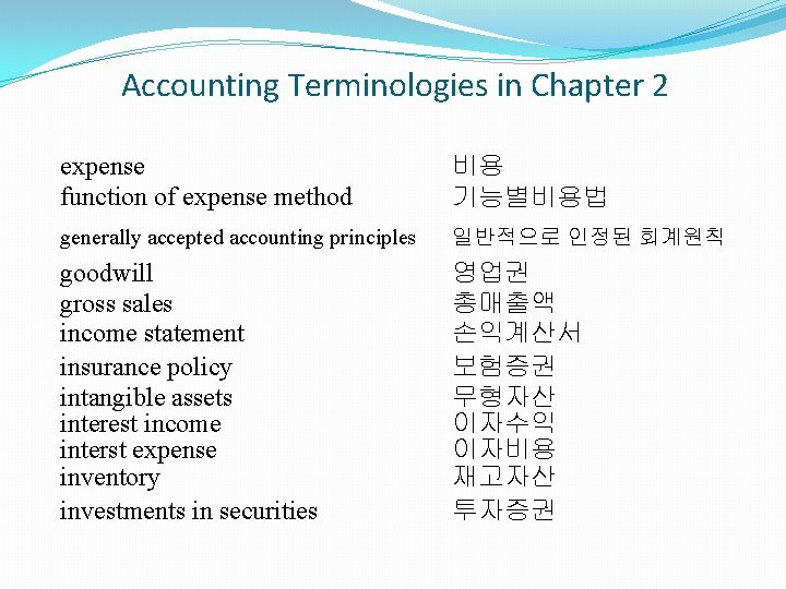 Accounting Terminologies in Chapter 2 expense function of expense method 비용 기능별비용법 generally accepted