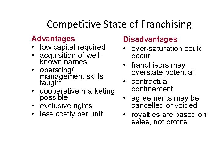 Competitive State of Franchising Advantages • low capital required • acquisition of wellknown names