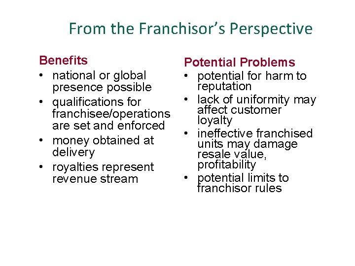 From the Franchisor’s Perspective Benefits • national or global presence possible • qualifications for