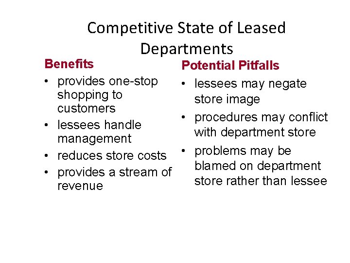 Competitive State of Leased Departments Benefits • provides one-stop shopping to customers • lessees