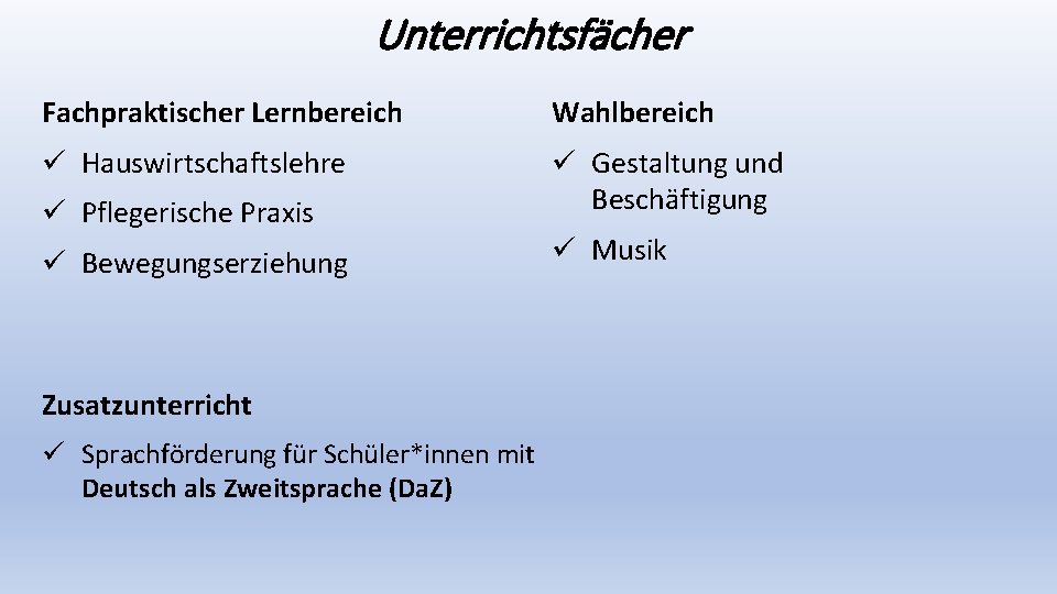 Unterrichtsfächer Fachpraktischer Lernbereich Wahlbereich ü Hauswirtschaftslehre ü Gestaltung und Beschäftigung ü Pflegerische Praxis ü