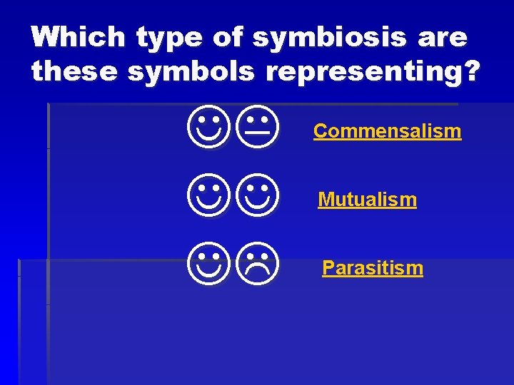 Which type of symbiosis are these symbols representing? Commensalism Mutualism Parasitism 