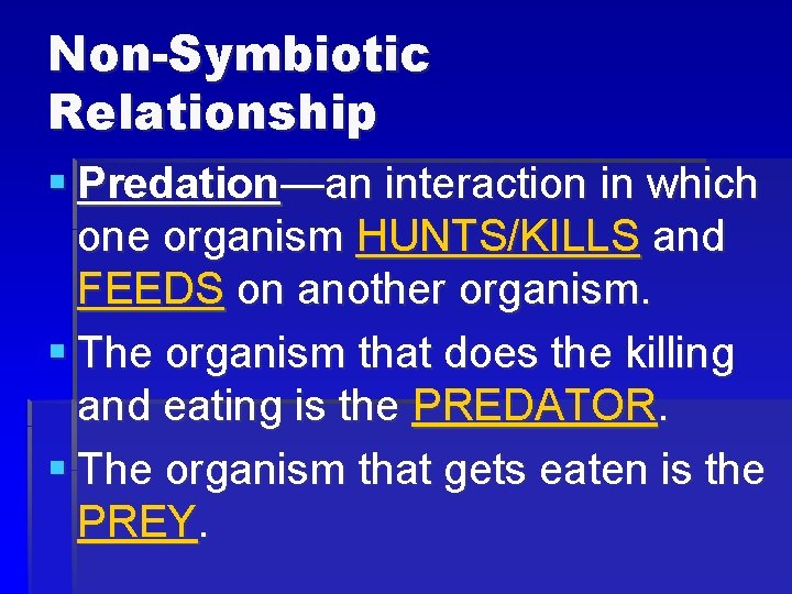 Non-Symbiotic Relationship § Predation—an interaction in which one organism HUNTS/KILLS and FEEDS on another