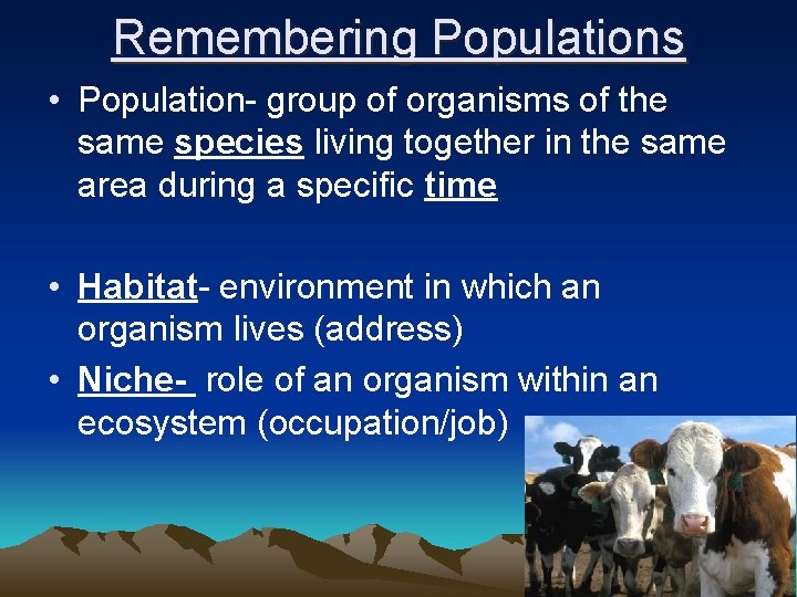 Remembering Populations • Population- group of organisms of the same species living together in