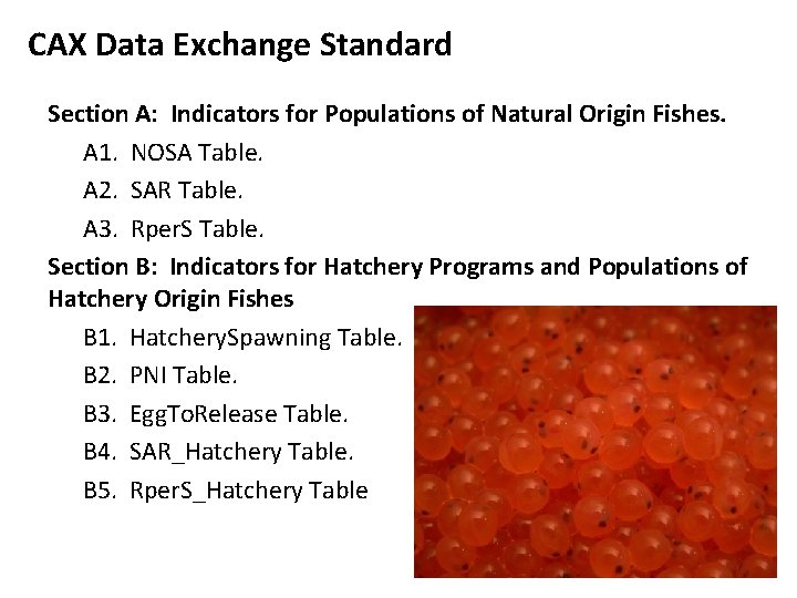 CAX Data Exchange Standard Section A: Indicators for Populations of Natural Origin Fishes. A