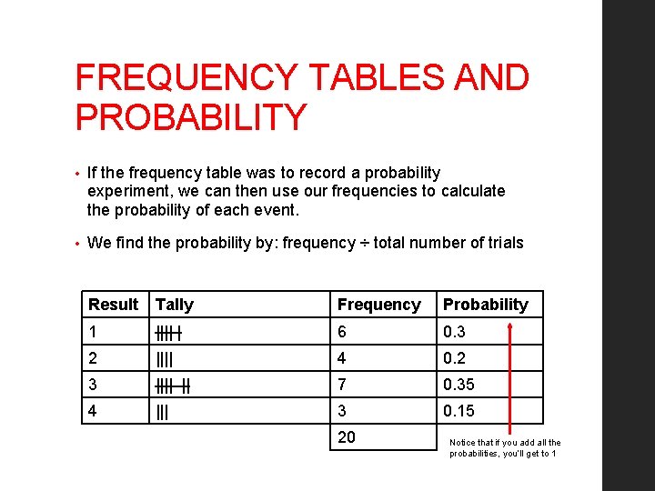 FREQUENCY TABLES AND PROBABILITY • If the frequency table was to record a probability