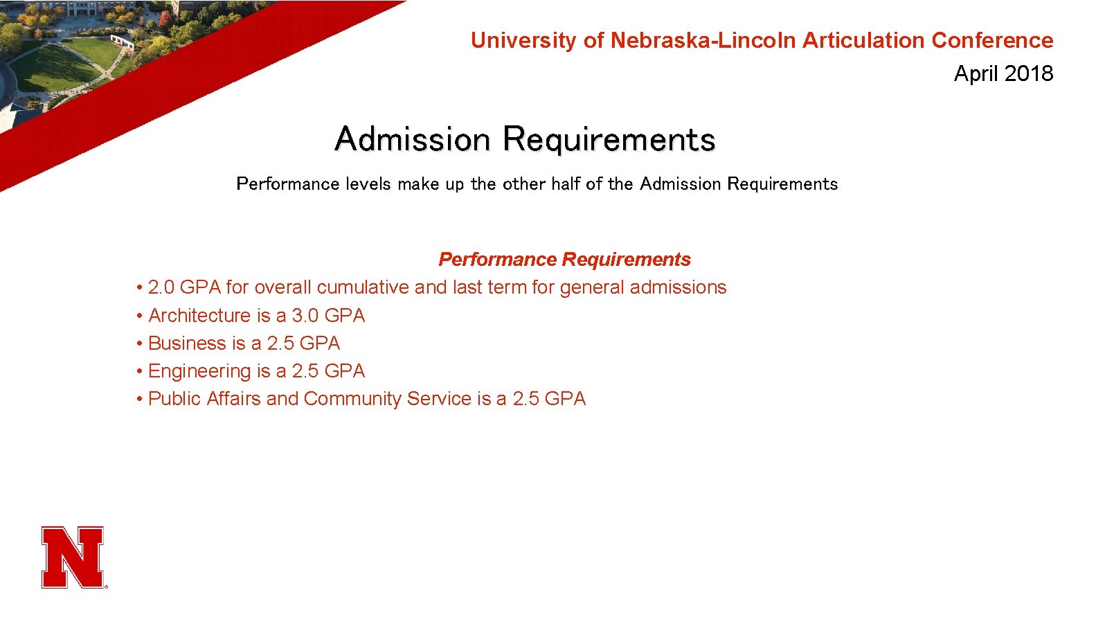 University of Nebraska-Lincoln Articulation Conference April 2018 Admission Requirements Performance levels make up the