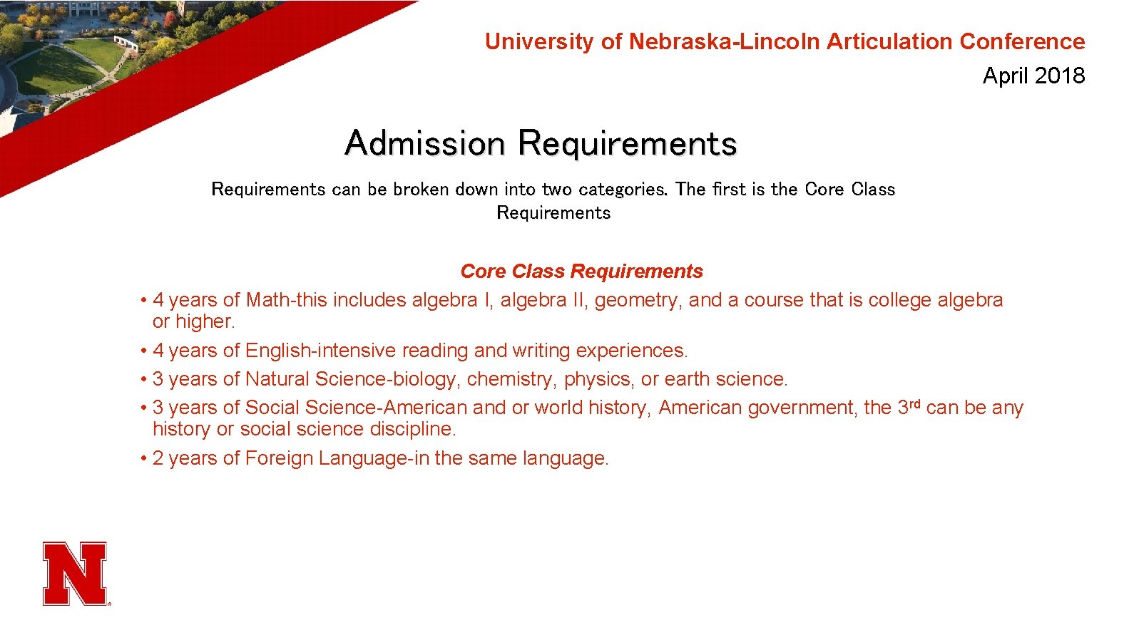 University of Nebraska-Lincoln Articulation Conference April 2018 Admission Requirements can be broken down into