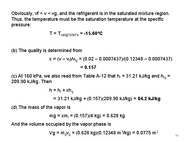 Obviously, vf < vg, and the refrigerant is in the saturated mixture region. Thus,