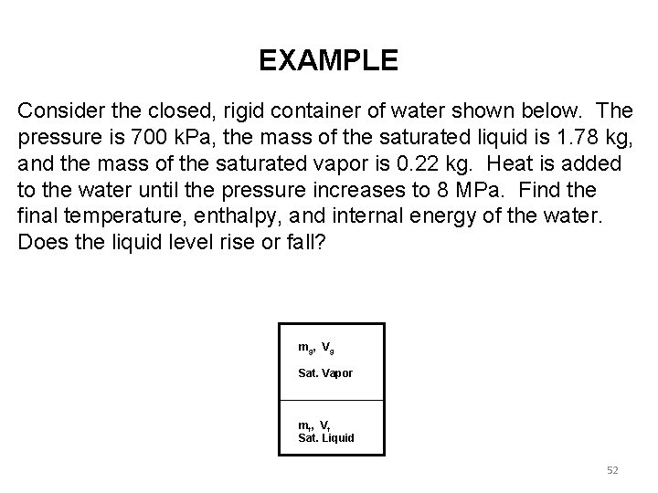 EXAMPLE Consider the closed, rigid container of water shown below. The pressure is 700