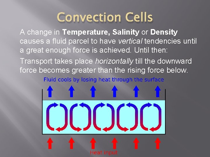 Convection Cells A change in Temperature, Salinity or Density causes a fluid parcel to