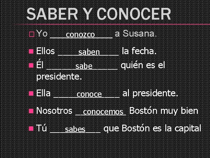 SABER Y CONOCER � Yo ______ a Susana. conozco n Ellos ______ la fecha.