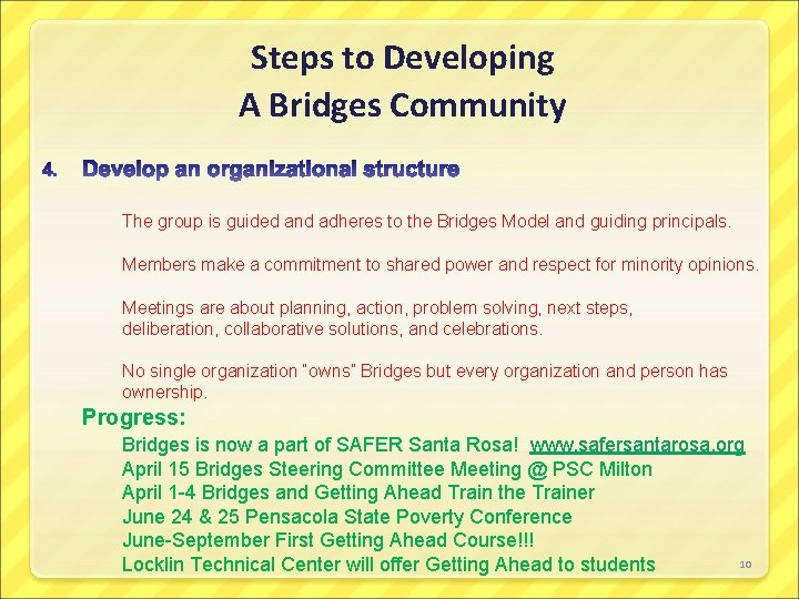 Steps to Developing A Bridges Community The group is guided and adheres to the