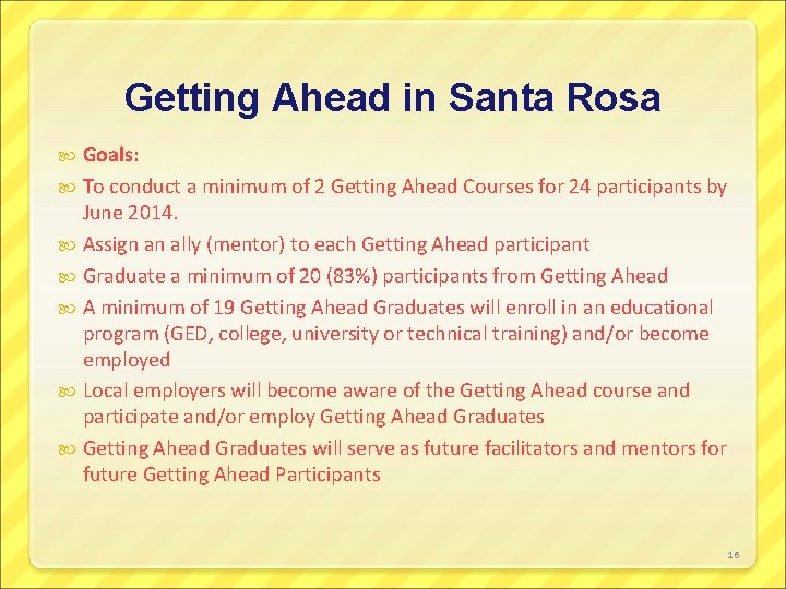 Getting Ahead in Santa Rosa Goals: To conduct a minimum of 2 Getting Ahead