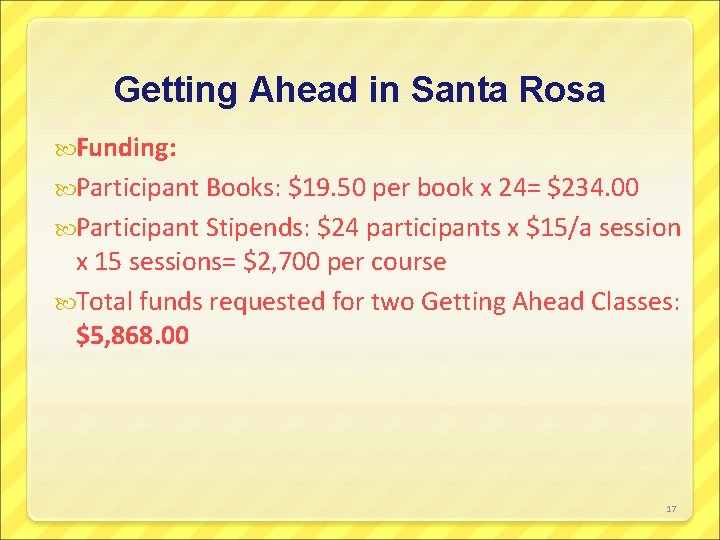 Getting Ahead in Santa Rosa Funding: Participant Books: $19. 50 per book x 24=